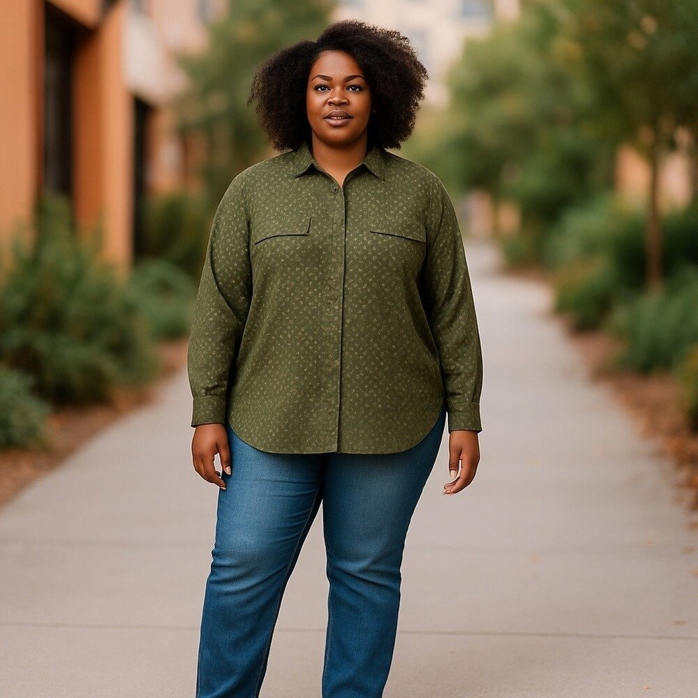 Evri Womens Plus Size 2X Button-Down Shirt Olive Green Abstract Career Capsule